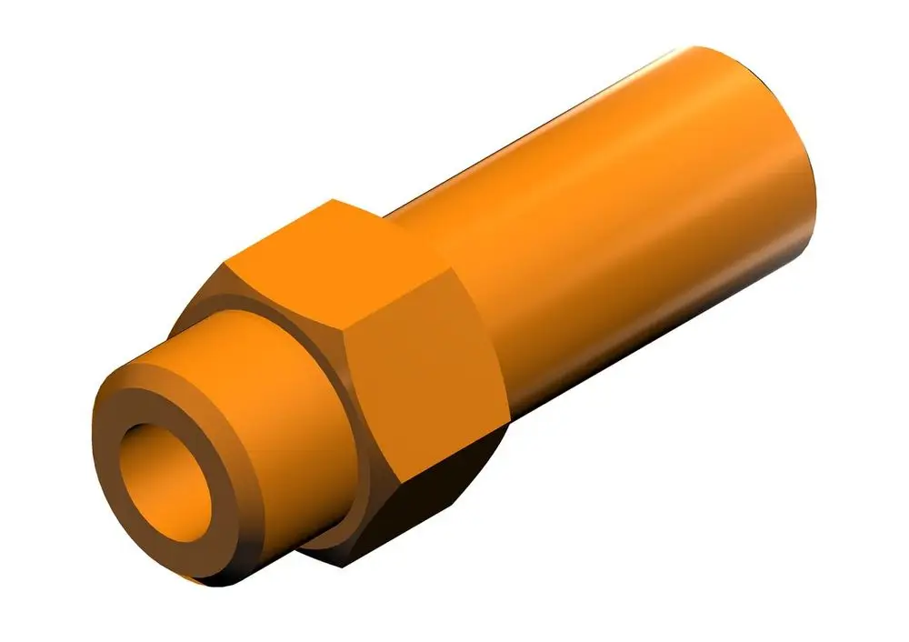 Orangefarbener Metalladapter mit einer hexagonalen Verdickung an einem Ende und einem zylindrischen Körper. Der Artikel könnte von Bosch stammen.